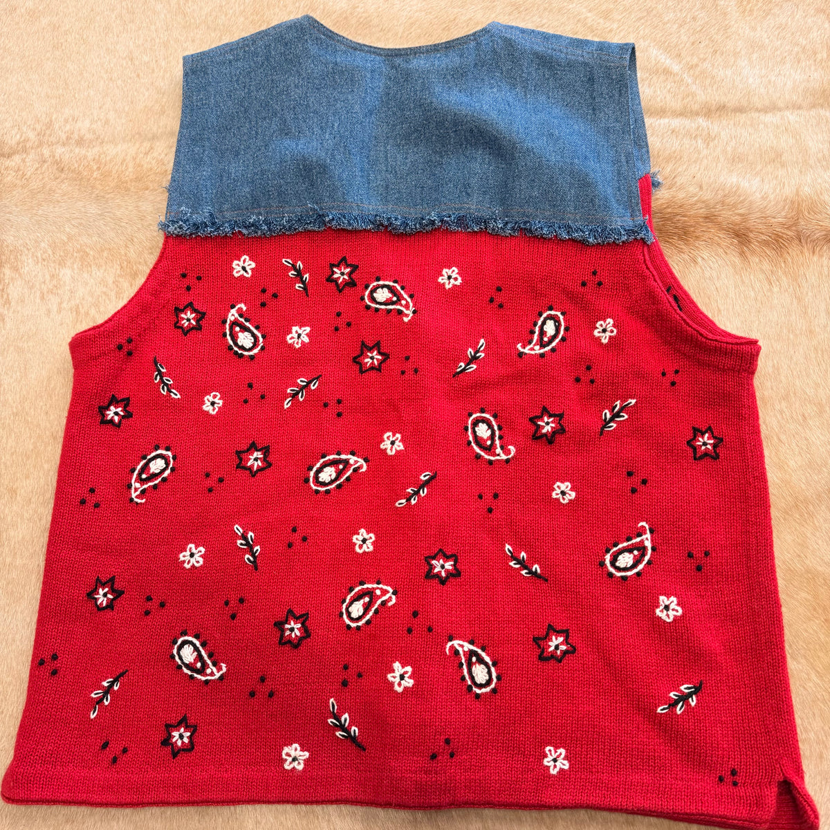 Vintage 1990s Mandal Bay Denim And Red Bandana Print Vest Size L