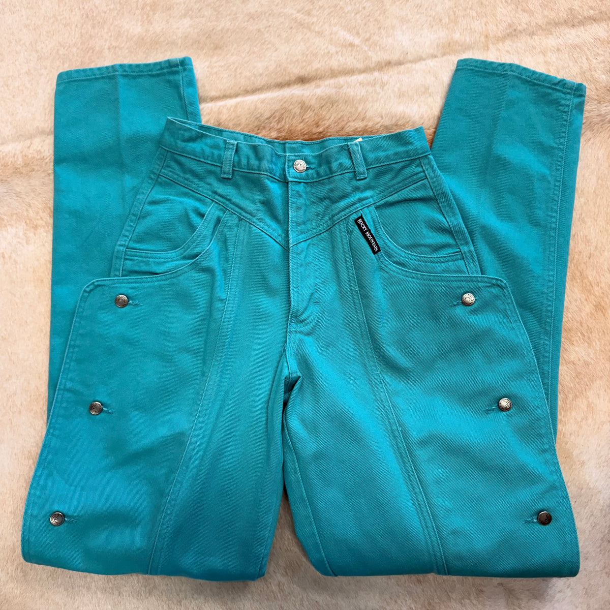 Rare Vintage 1980s Teal Rocky Mountain Button Chap Jeans Size 9