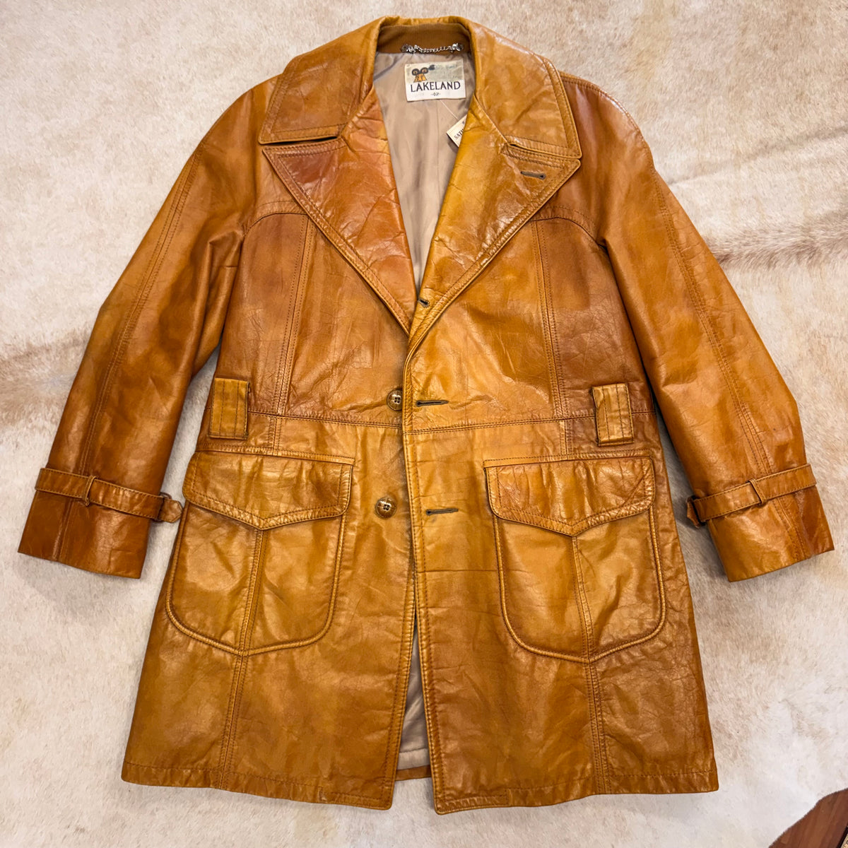 Mens Vintage 1970s Lakeland Leather Camel Trench Coat Size L