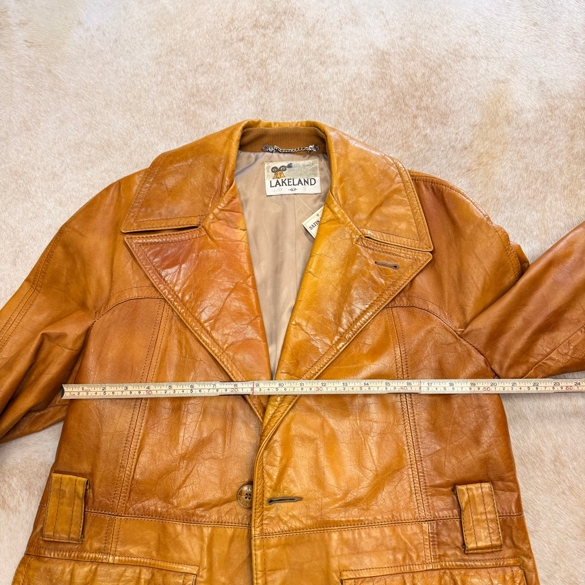 Mens Vintage 1970s Lakeland Leather Camel Trench Coat Size L