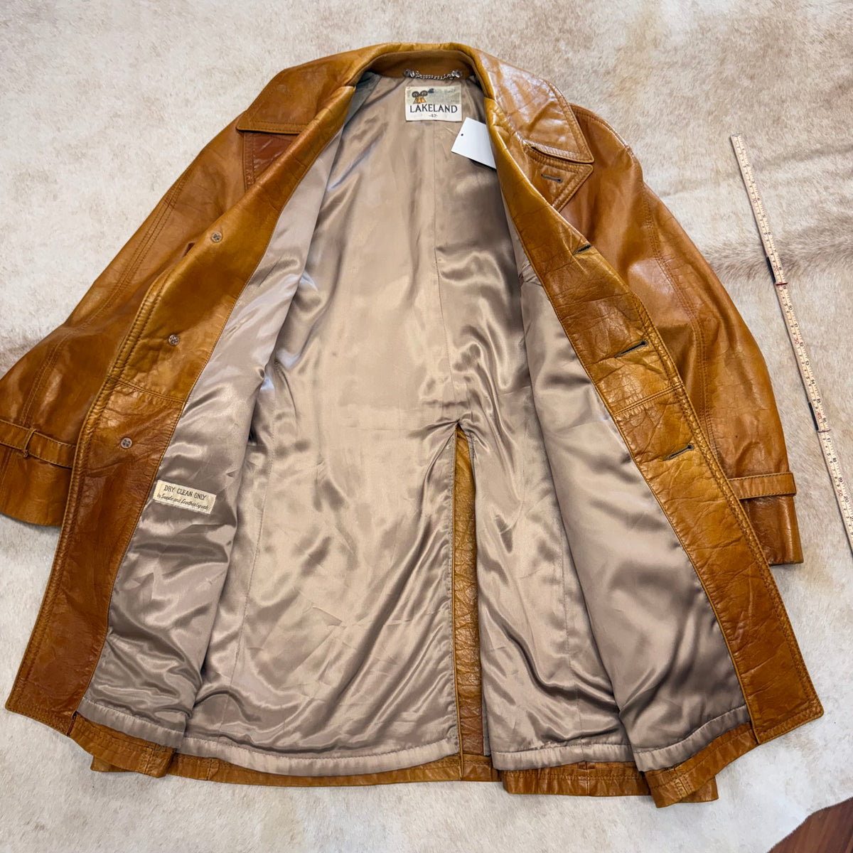 Mens Vintage 1970s Lakeland Leather Camel Trench Coat Size L
