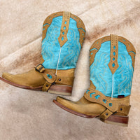 Square Toe Tan And Teal Artillo Cowboy Boots Size 7