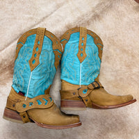 Square Toe Tan And Teal Artillo Cowboy Boots Size 7