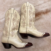 Vintage 1970s Cream And Brown Justin Cowboy Boots Size 8
