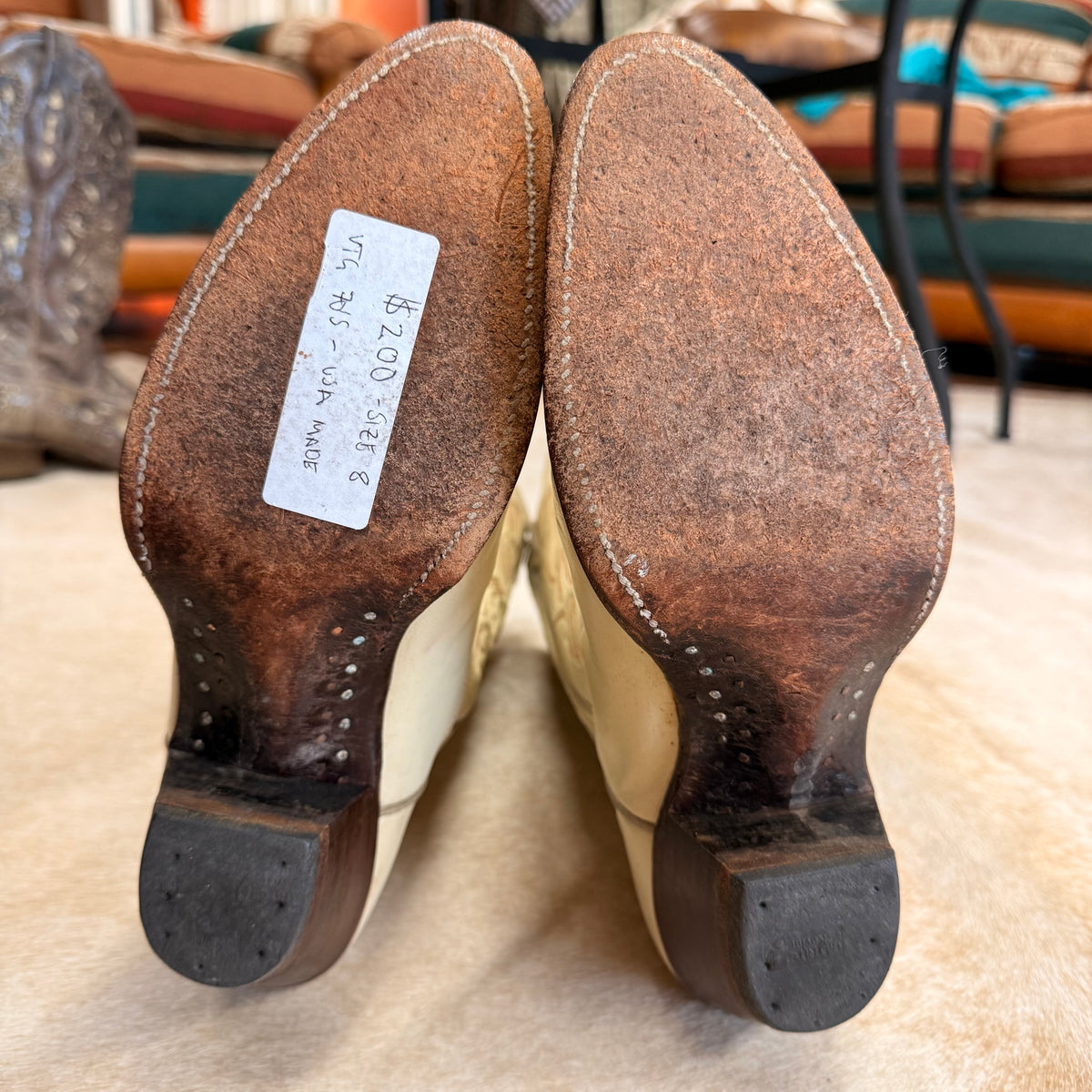 Vintage 1970s Cream And Brown Justin Cowboy Boots Size 8