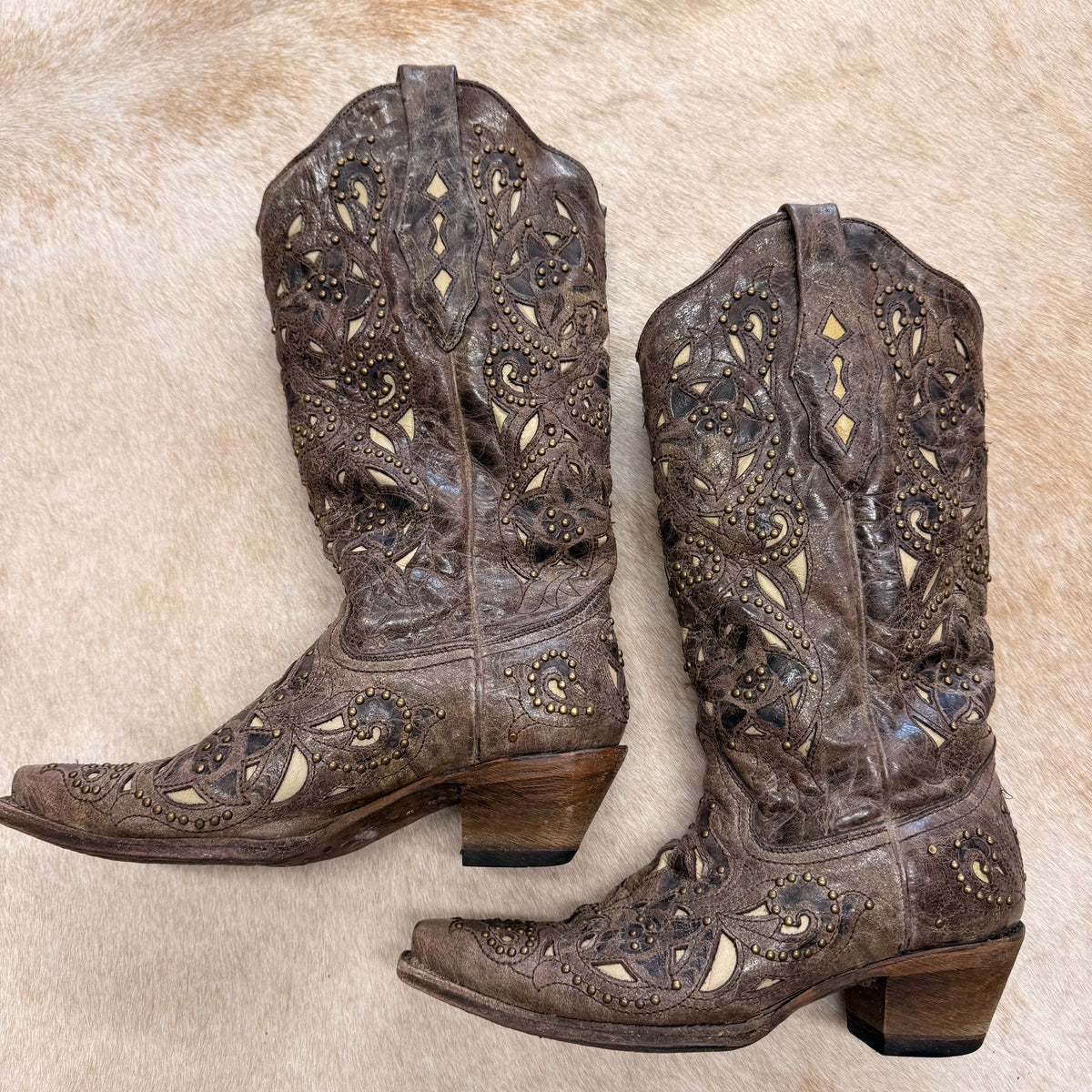 Brown Studded Corral Cowboy Boots Size 7