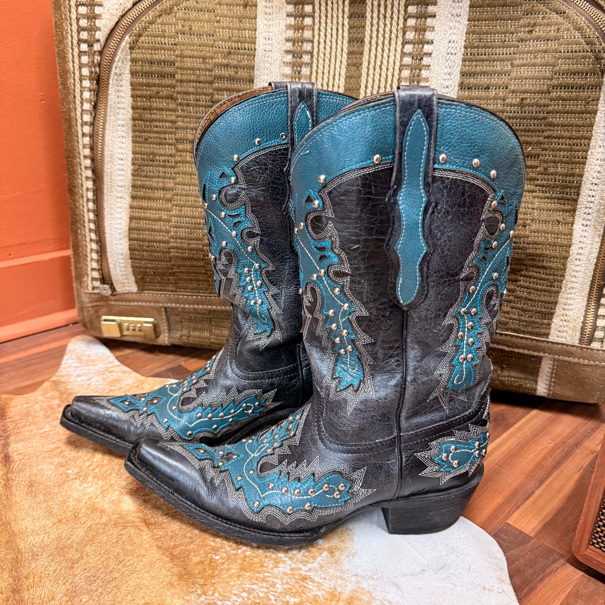 Black And Teal El General Cowboy Boots Size 8