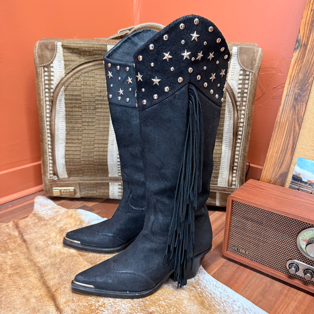 Black Suede Fringe Tall Wonder West Cowboy Boots Size 8.5