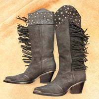 Black Suede Fringe Tall Wonder West Cowboy Boots Size 8.5