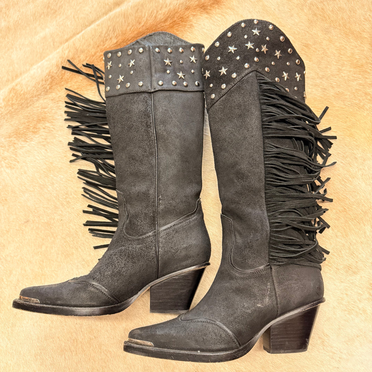 Black Suede Fringe Tall Wonder West Cowboy Boots Size 8.5
