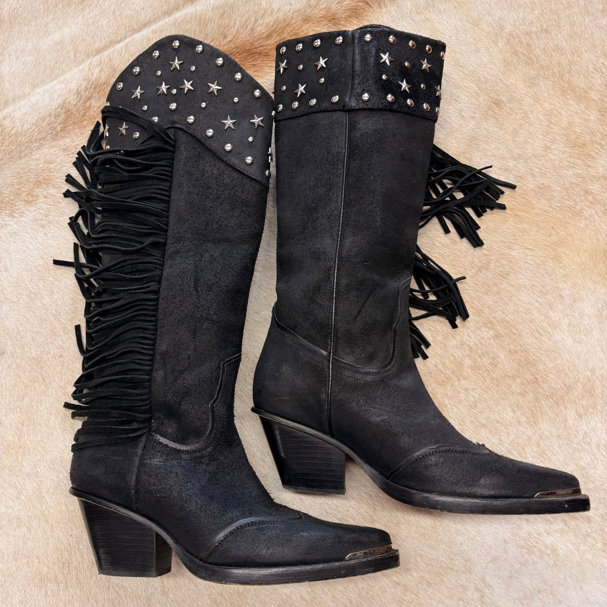 Black Suede Fringe Tall Wonder West Cowboy Boots Size 8.5