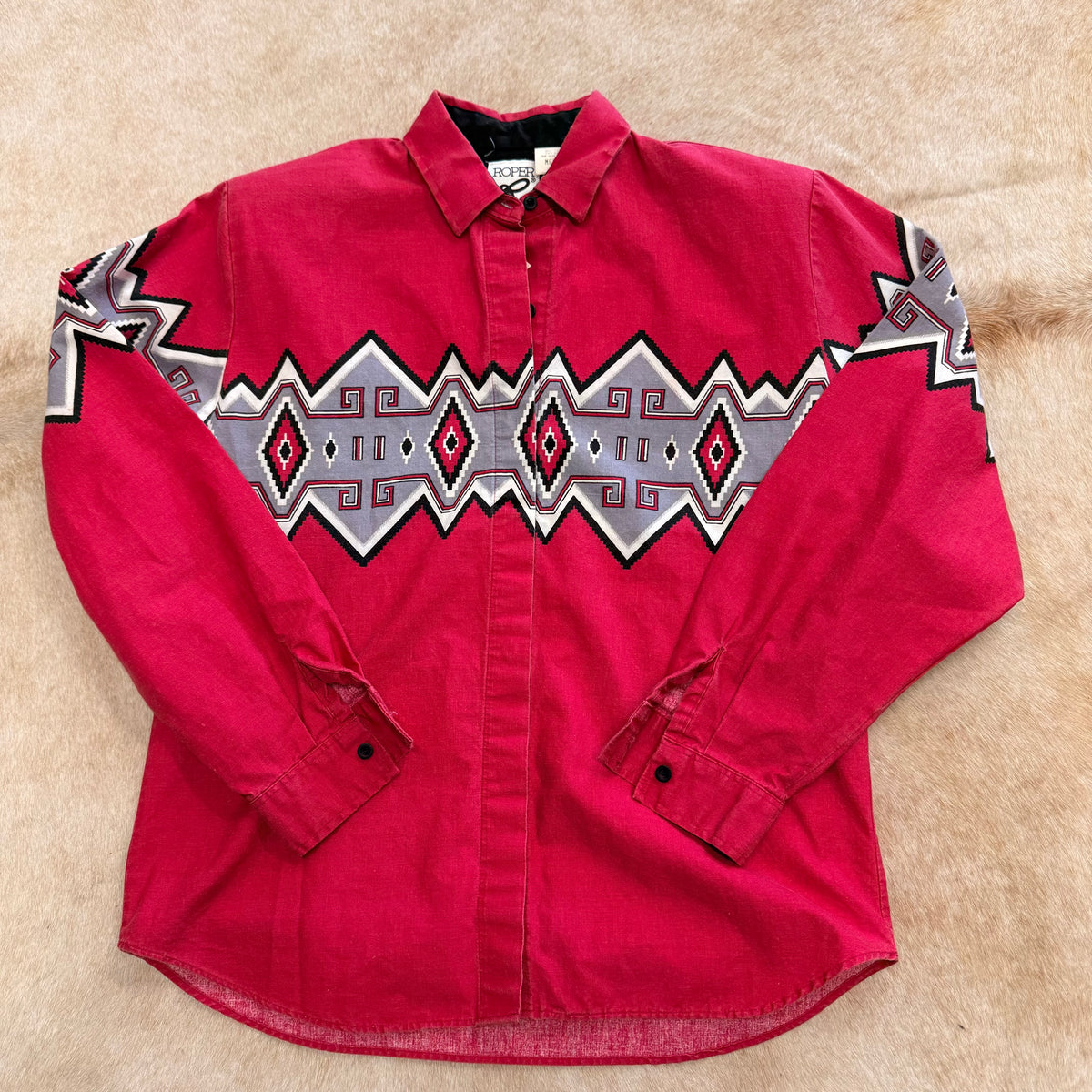 Mens Vintage 1980s Dark Pink Southwestern Print Roper Shirt Size M