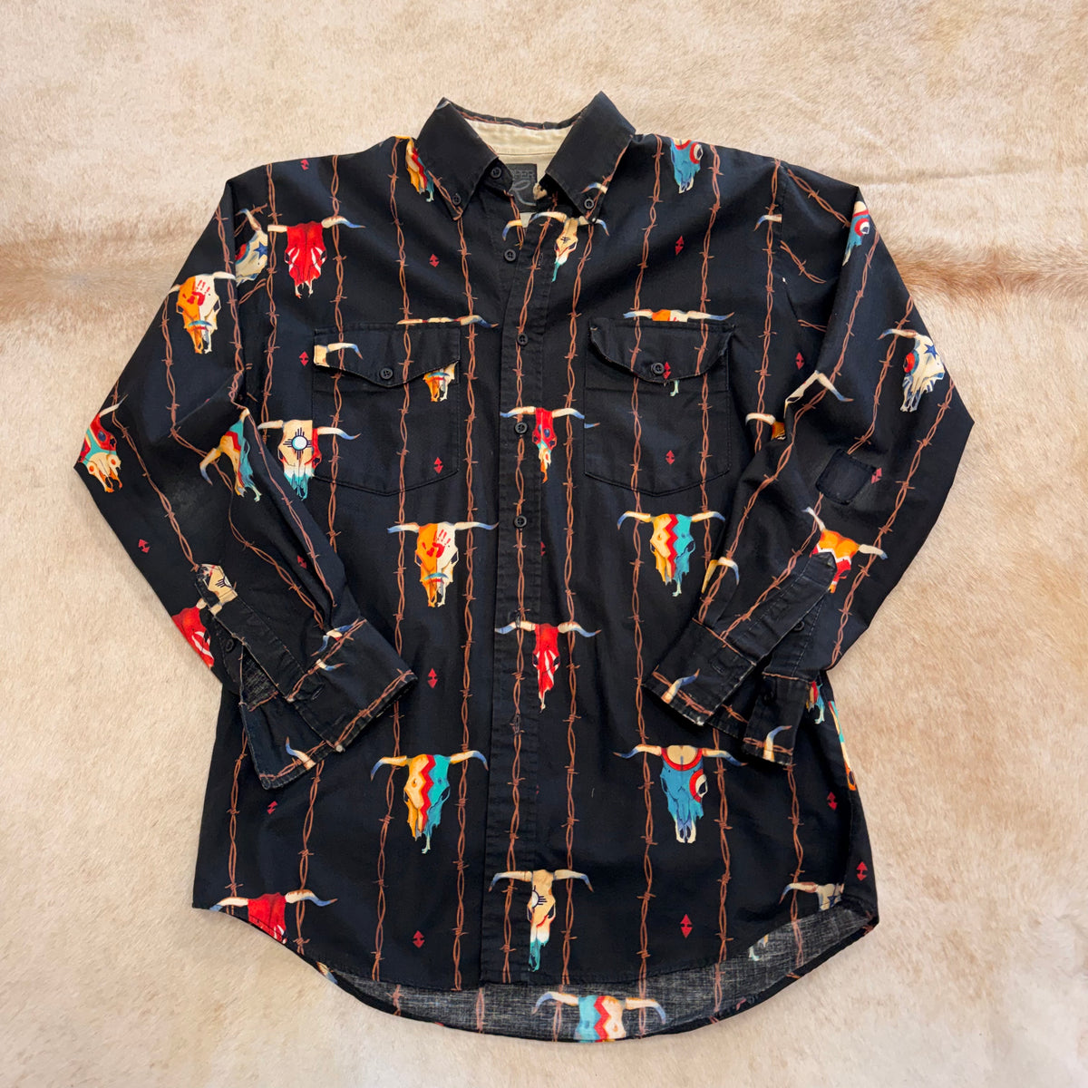 Mens Vintage 1990s Black Steer Print Roper Shirt Size M