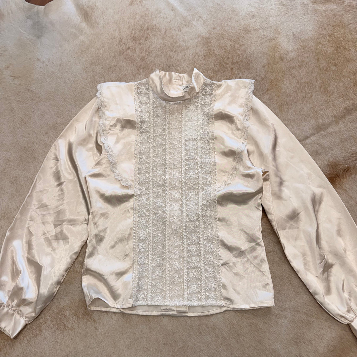 Vintage 1990s Mock Neck Cream Satin Blouse Size S