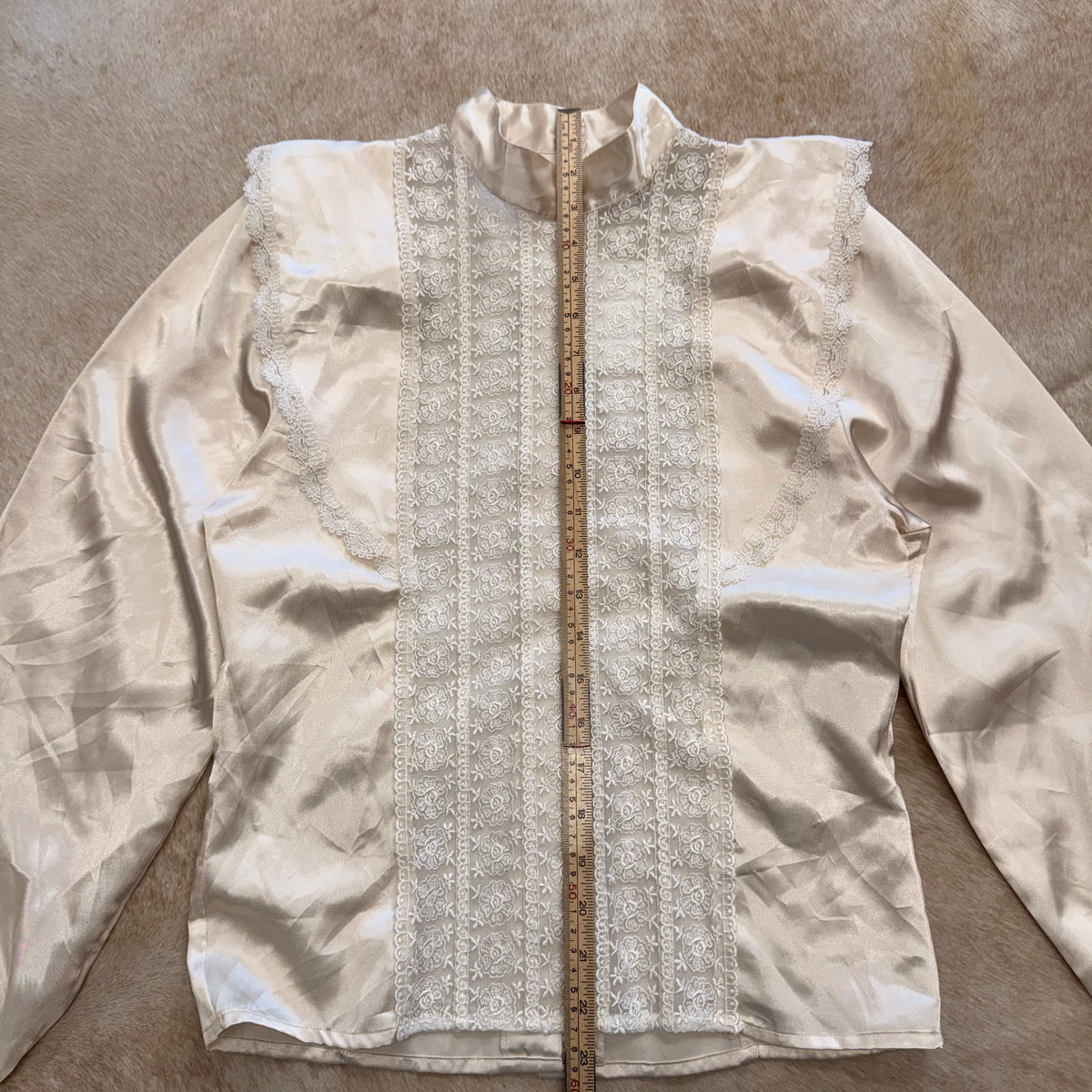 Vintage 1990s Mock Neck Cream Satin Blouse Size S
