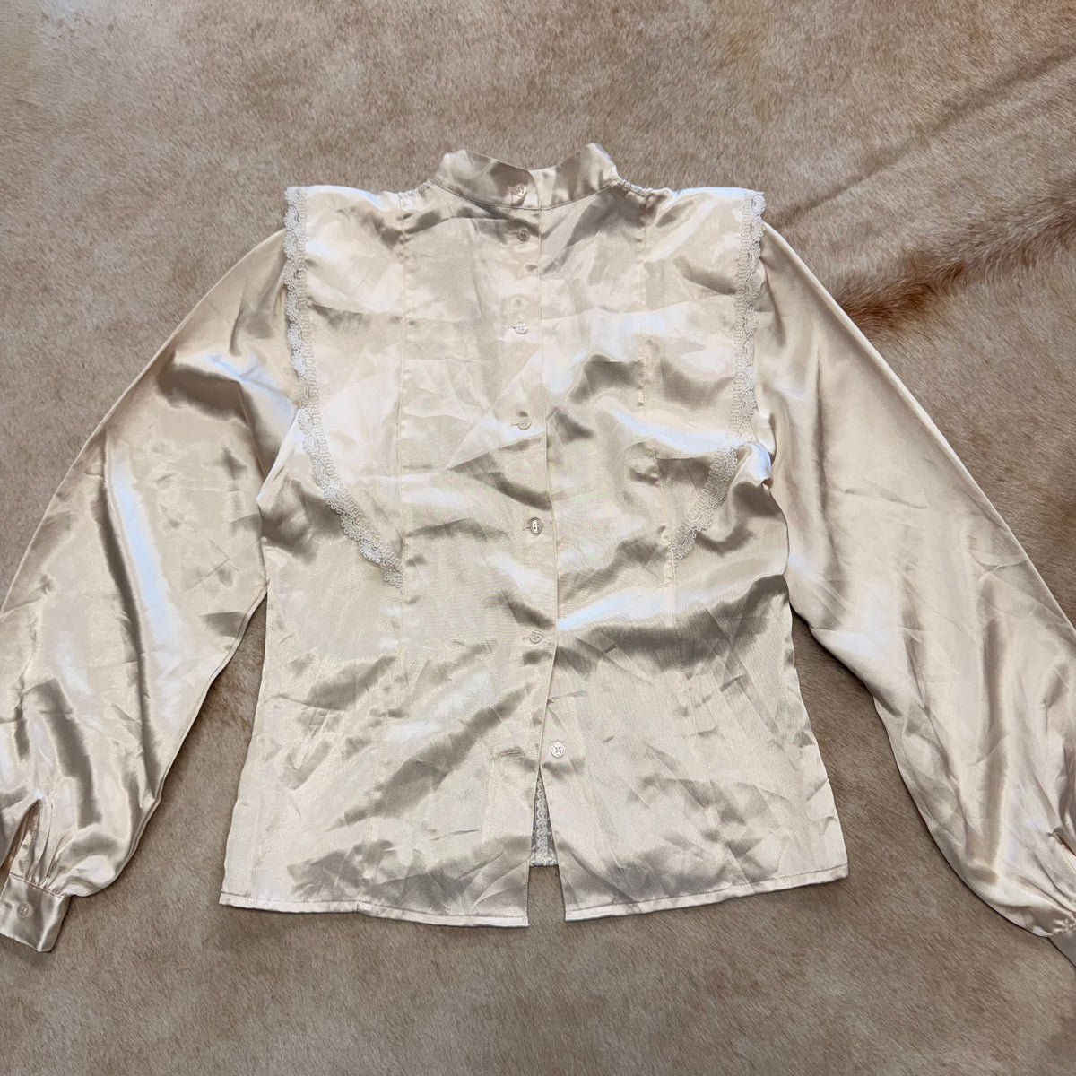 Vintage 1990s Mock Neck Cream Satin Blouse Size S