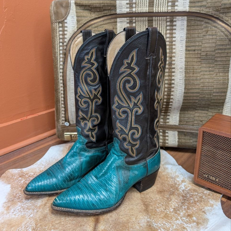 Vintage 1980s Justin Exotic Turquoise and Black Lizard Cowboy Boots Size 8B