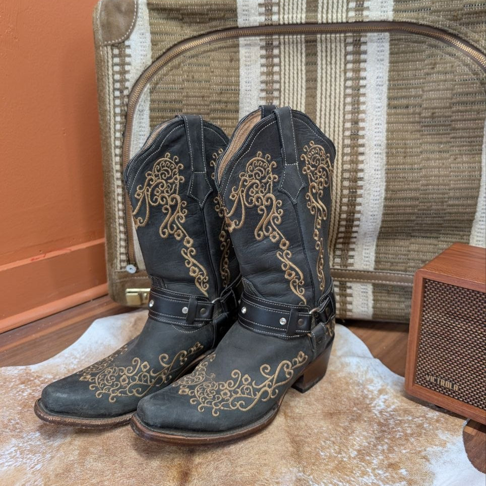 Dark Grey and Tan Embroidered Corral Harness Cowboy Boots Size 8.5