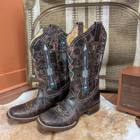 Southwestern Style Arrow Motif Roper Square Toe Cowboy Boots Size 6