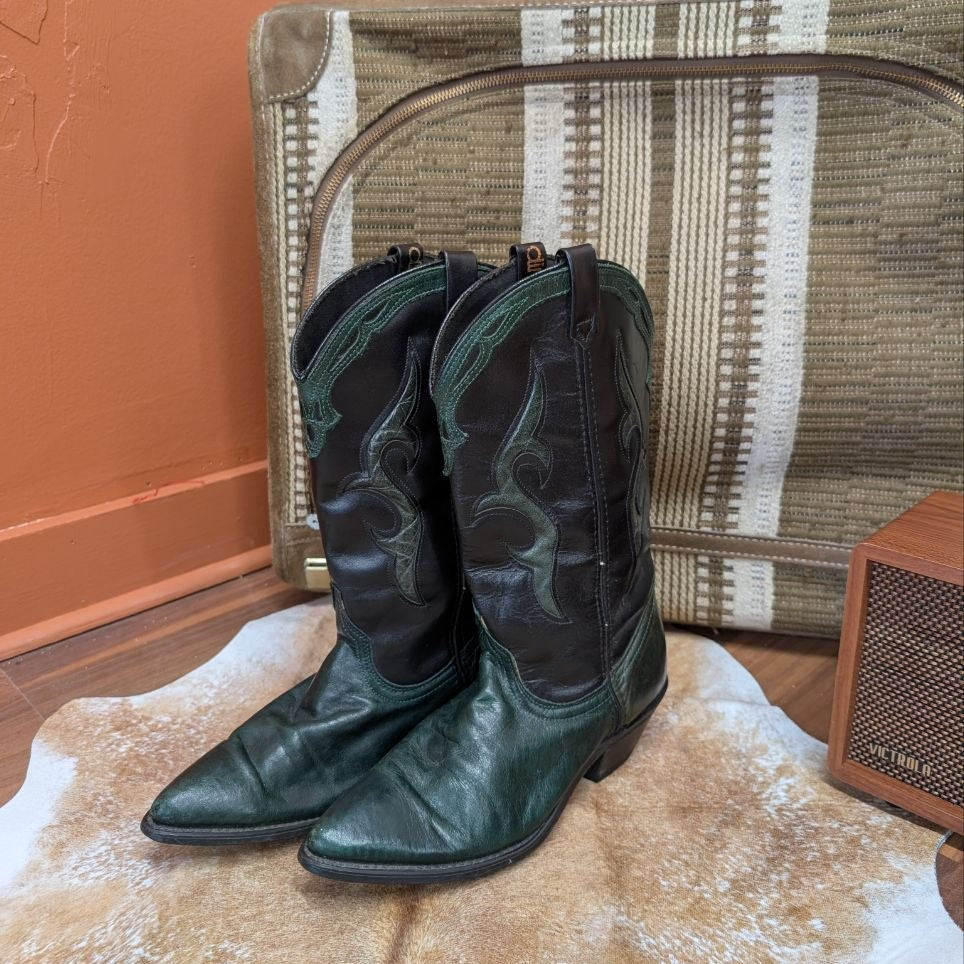 Vintage 1980s Emerald Green and Black Dingo Cowboy Boots Size 6.5M