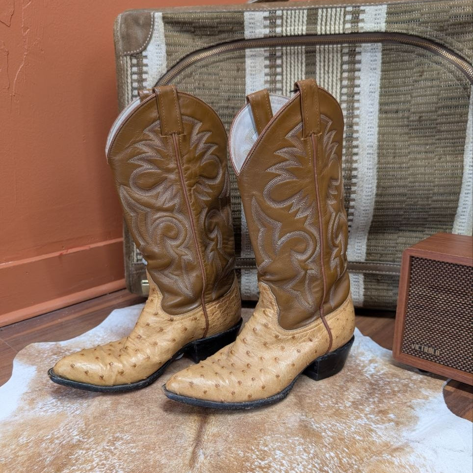 Vintage 1980s Brown and Tan Ostrich Justin Cowboy Boots Size 6.5B