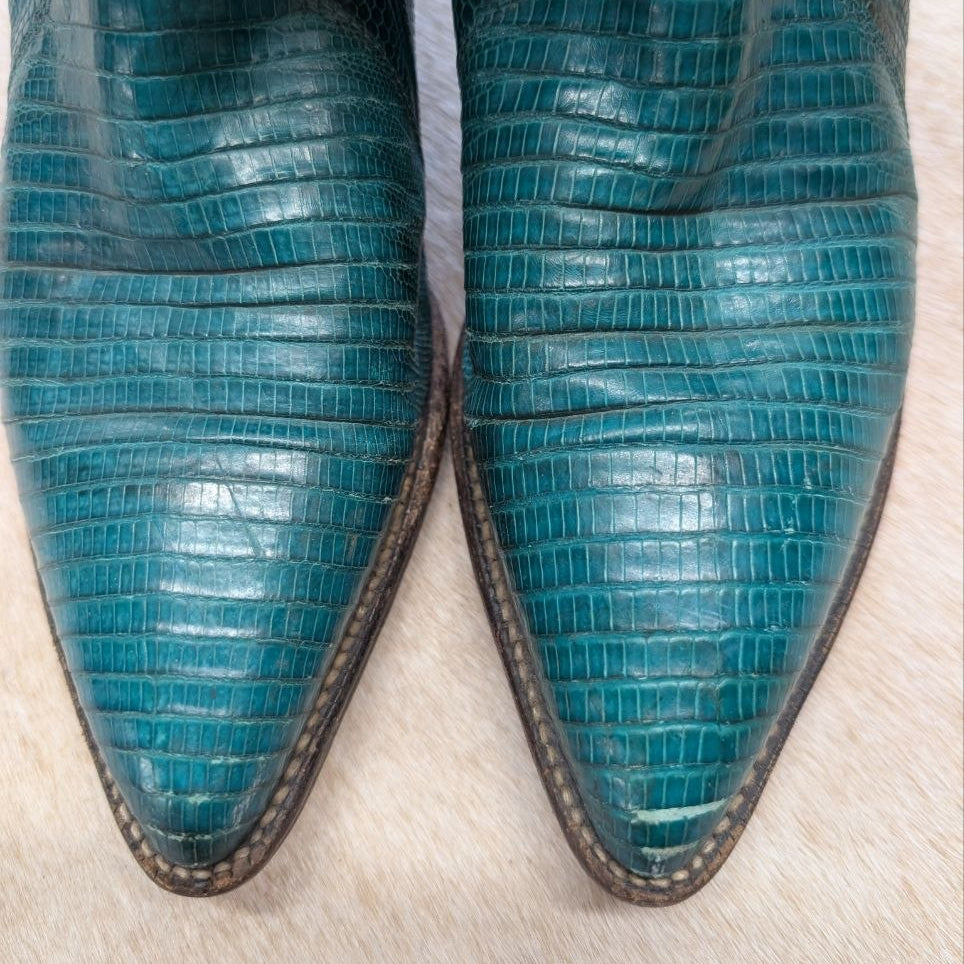 Vintage 1980s Justin Exotic Turquoise and Black Lizard Cowboy Boots Size 8B
