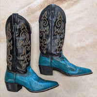 Vintage 1980s Justin Exotic Turquoise and Black Lizard Cowboy Boots Size 8B