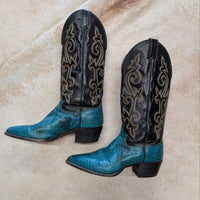 Vintage 1980s Justin Exotic Turquoise and Black Lizard Cowboy Boots Size 8B