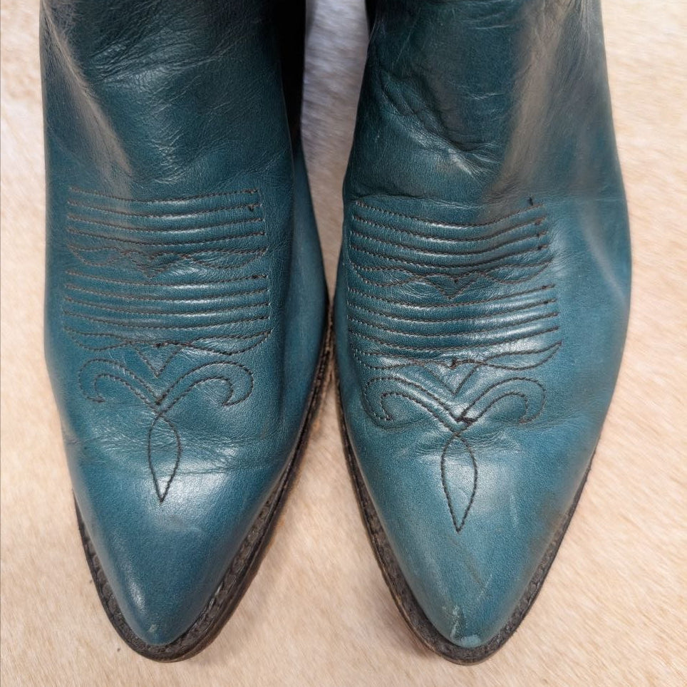 Vintage 1990s Justin Teal and Black Cowboy Boots Size 8M