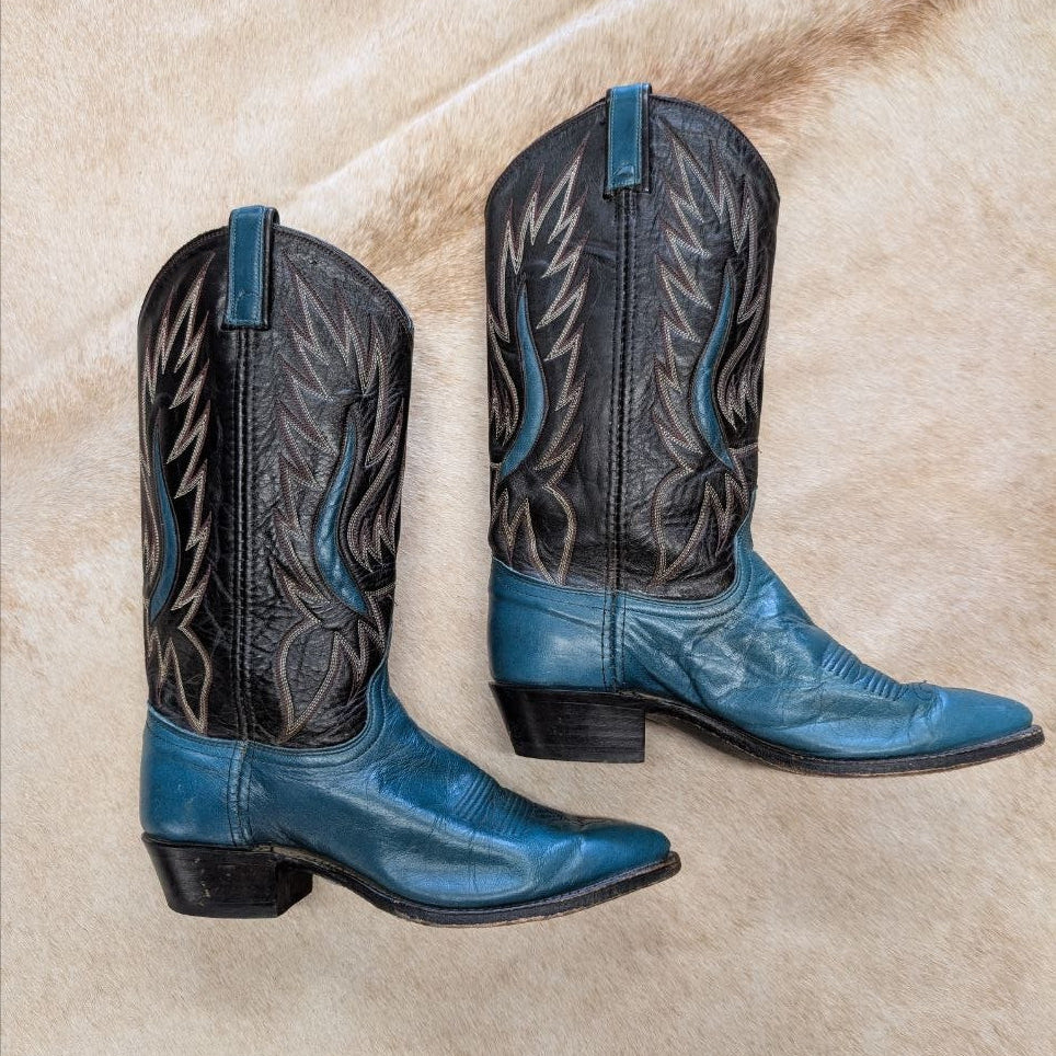 Vintage 1990s Justin Teal and Black Cowboy Boots Size 8M