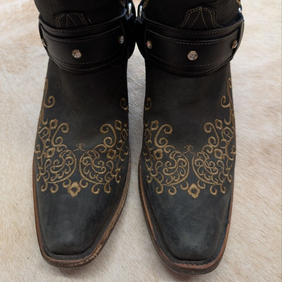 Dark Grey and Tan Embroidered Corral Harness Cowboy Boots Size 8.5