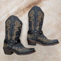 Dark Grey and Tan Embroidered Corral Harness Cowboy Boots Size 8.5