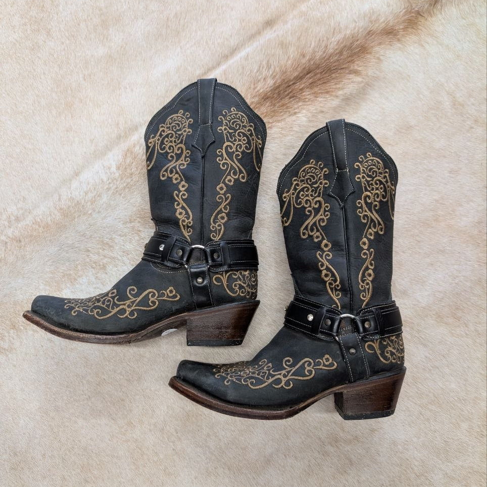 Dark Grey and Tan Embroidered Corral Harness Cowboy Boots Size 8.5