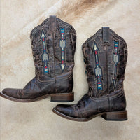 Southwestern Style Arrow Motif Roper Square Toe Cowboy Boots Size 6