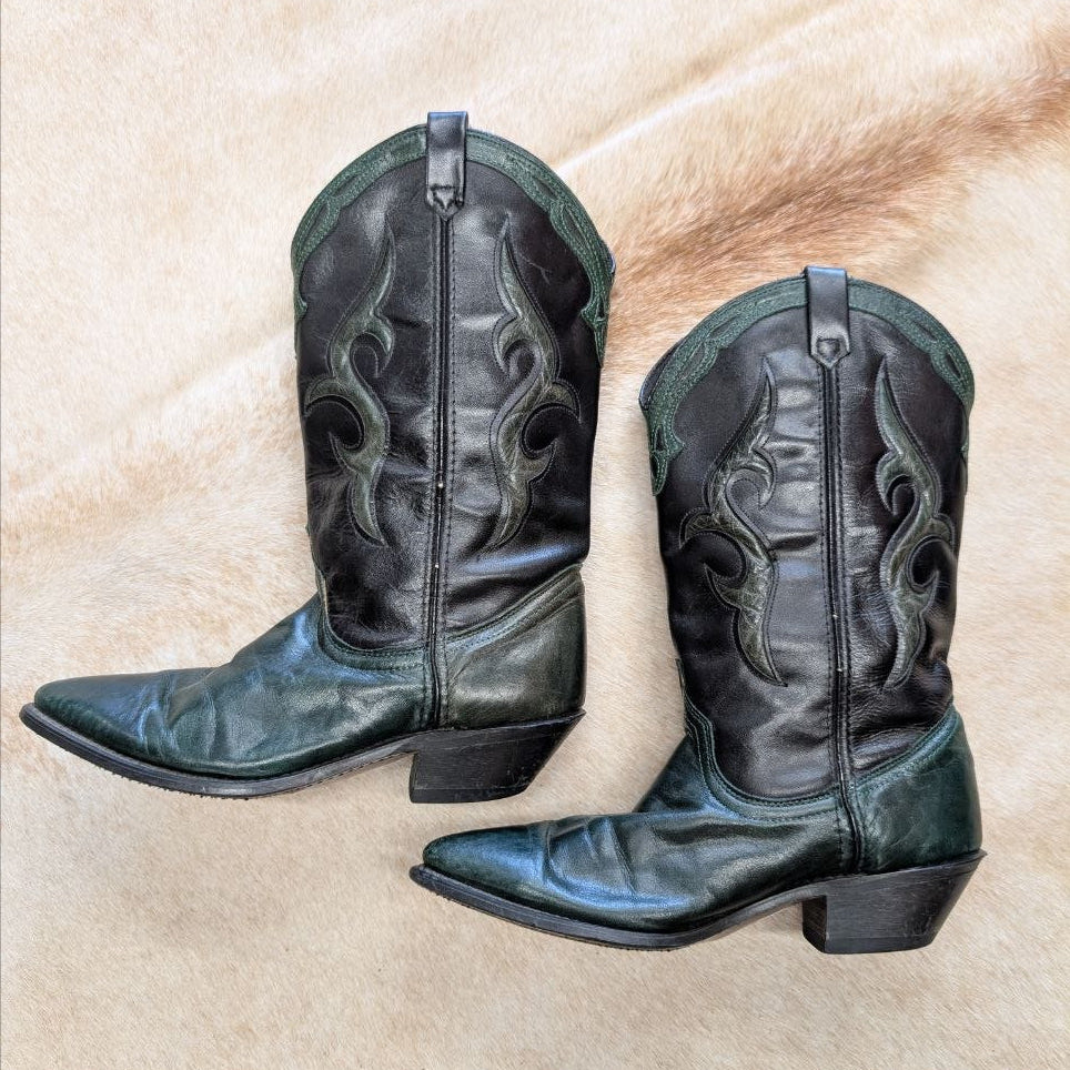 Vintage 1980s Emerald Green and Black Dingo Cowboy Boots Size 6.5M