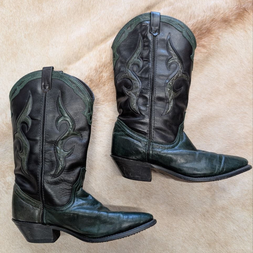Vintage 1980s Emerald Green and Black Dingo Cowboy Boots Size 6.5M