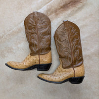 Vintage 1980s Brown and Tan Ostrich Justin Cowboy Boots Size 6.5B