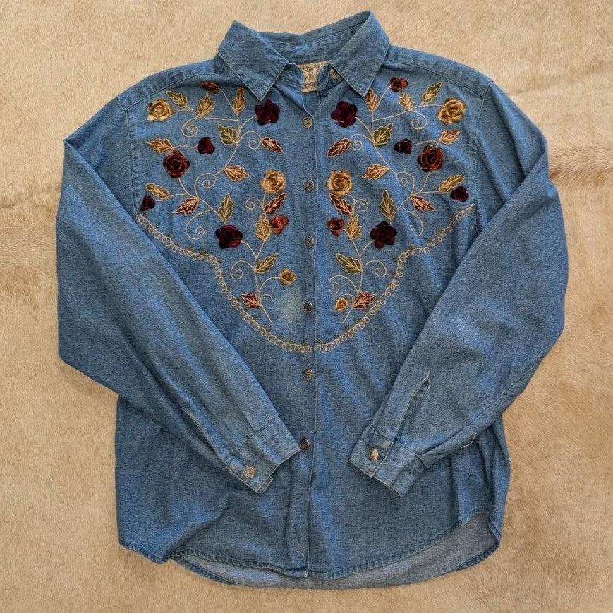 Vintage 1990s Tantrum Denim Embroidered Shirt Size S