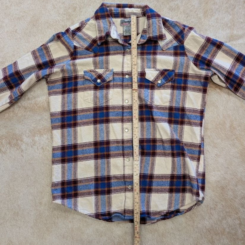 Plaid Flannel Pearl Snap Button Down Wrangler Shirt Size S