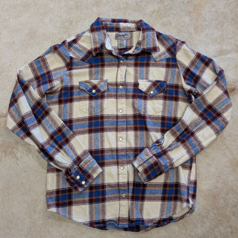 Plaid Flannel Pearl Snap Button Down Wrangler Shirt Size S
