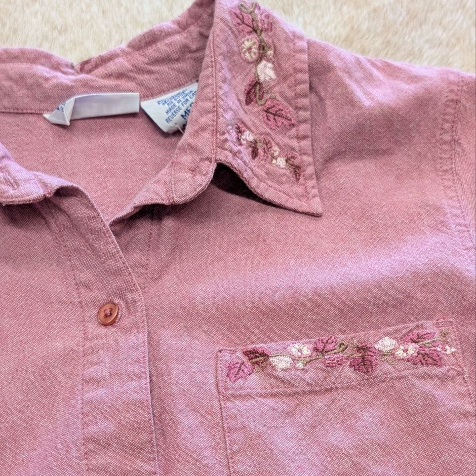 Vintage 1990s Blair Pink Embroidered Button Down Shirt Size M