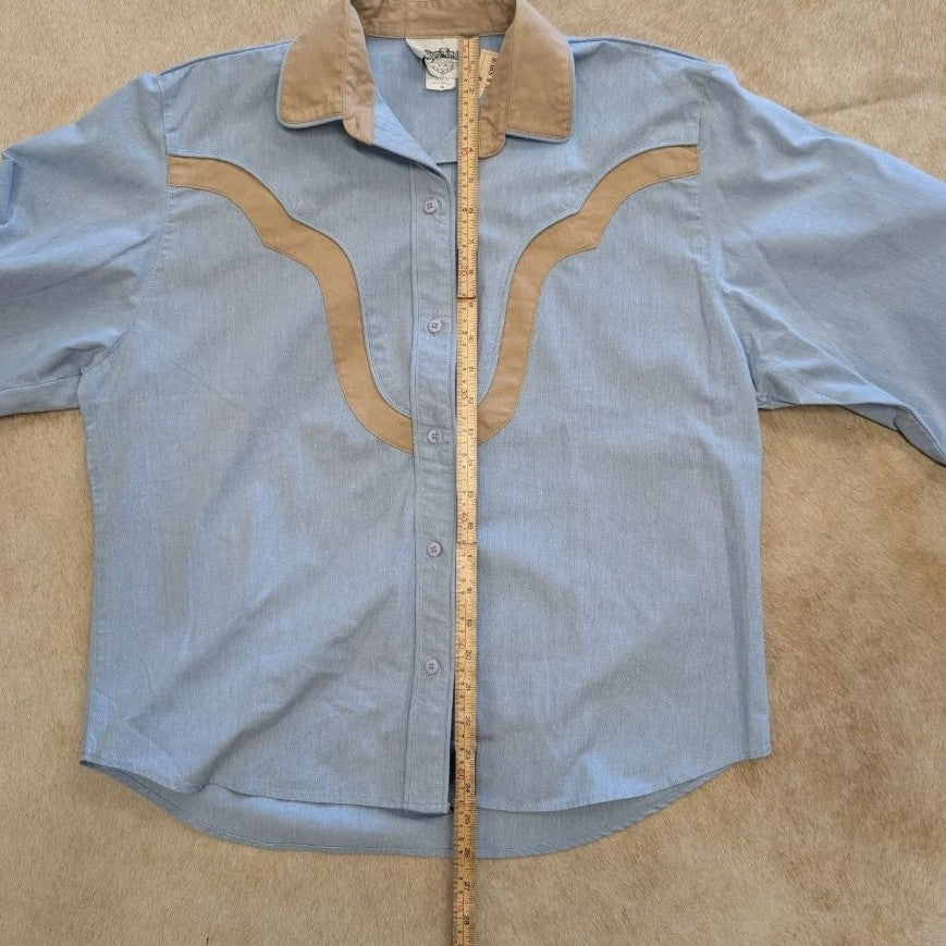 Vintage 1980s Son Angelo Baby Blue and Tan Button Down Shirt Size M