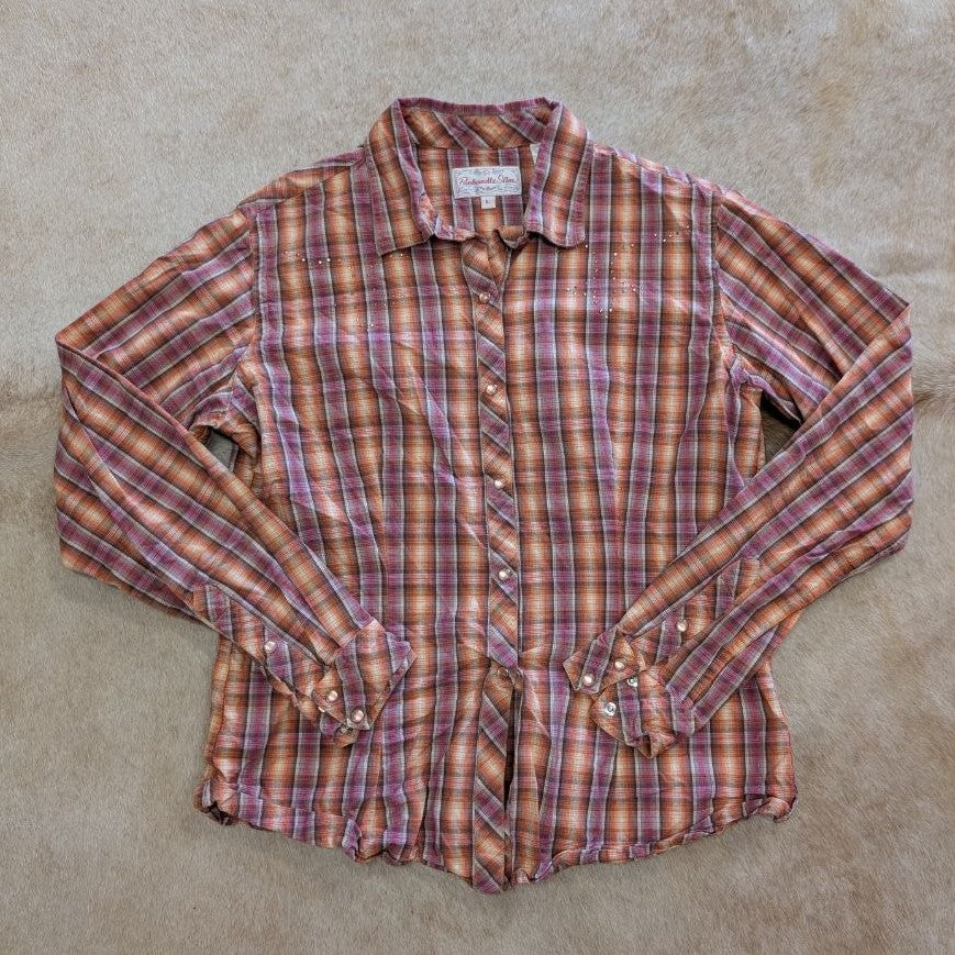 Plaid Panhandle Slim Pearl Snap Rhinestone Button Down Shirt Size L