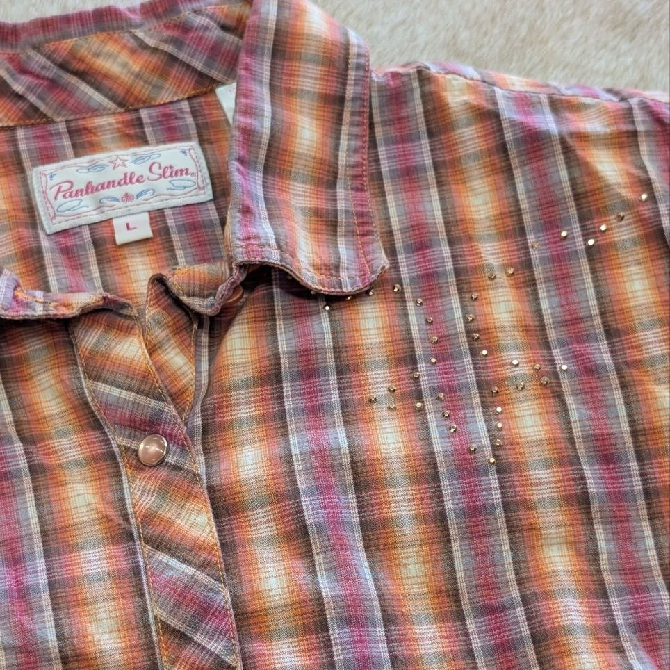 Plaid Panhandle Slim Pearl Snap Rhinestone Button Down Shirt Size L