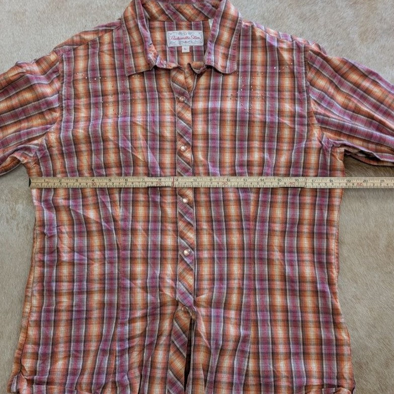 Plaid Panhandle Slim Pearl Snap Rhinestone Button Down Shirt Size L