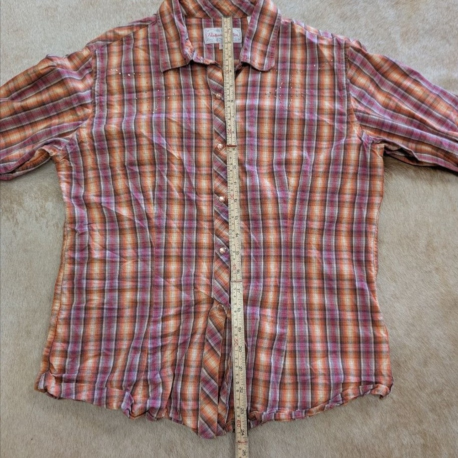 Plaid Panhandle Slim Pearl Snap Rhinestone Button Down Shirt Size L