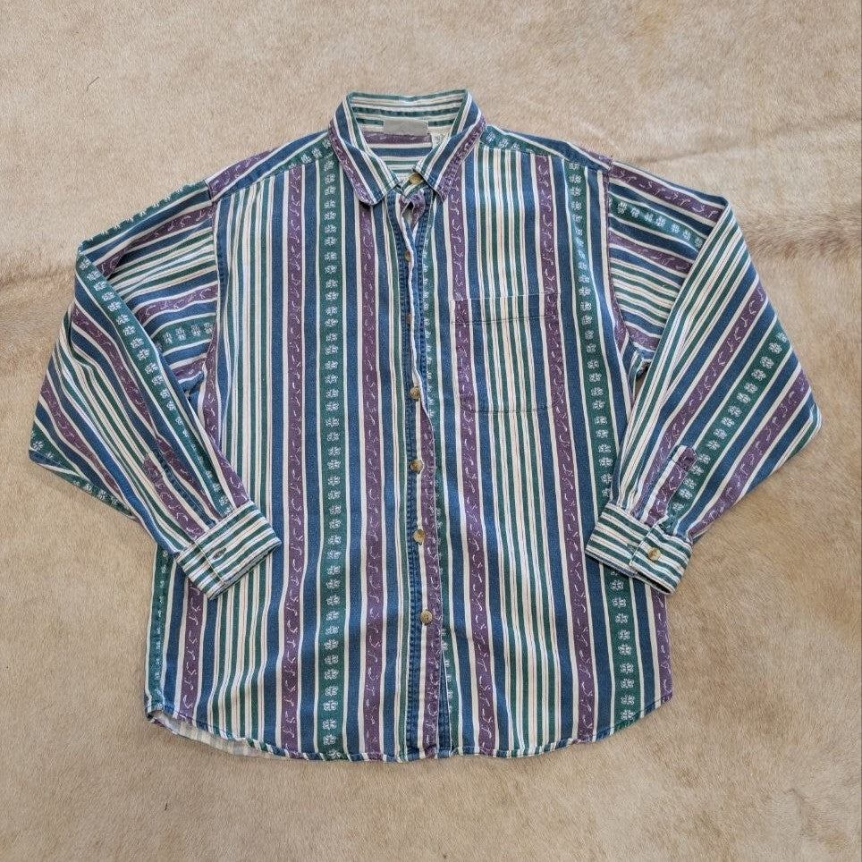 Vintage 1990s Green and Purple Arizona Jean Company Button Down Shirt Size XL