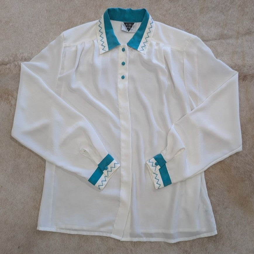 Vintage 1980s Jacques Vert White and Turquoise Button Down Shirt Size XL