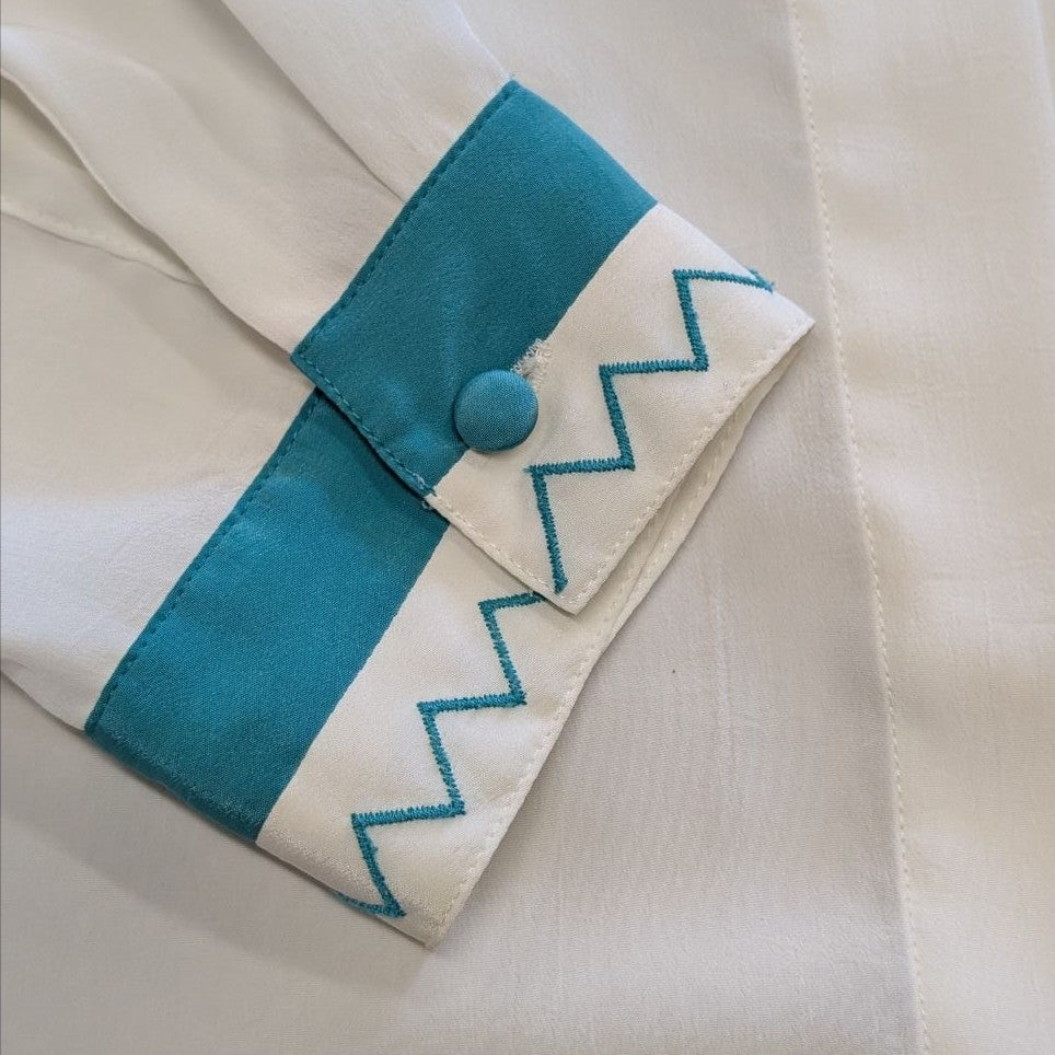 Vintage 1980s Jacques Vert White and Turquoise Button Down Shirt Size XL