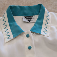 Vintage 1980s Jacques Vert White and Turquoise Button Down Shirt Size XL